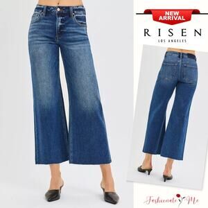 RISEN Mid Rise Waist Raw Cut Hem Zip Fly Dark Wash Cropped Wide Leg Denim Jeans